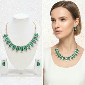 18K gold plated green and white crystal necklace earrings set